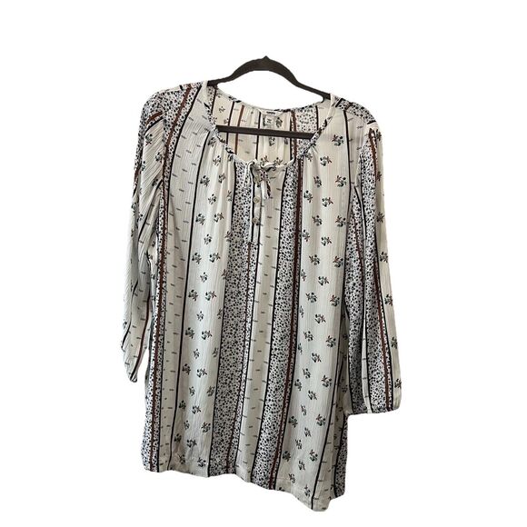 Sonoma Patchwork Striped Floral Boho Long Sleeve Henley Tie Neck Peasant Top XXL - Picture 1 of 10